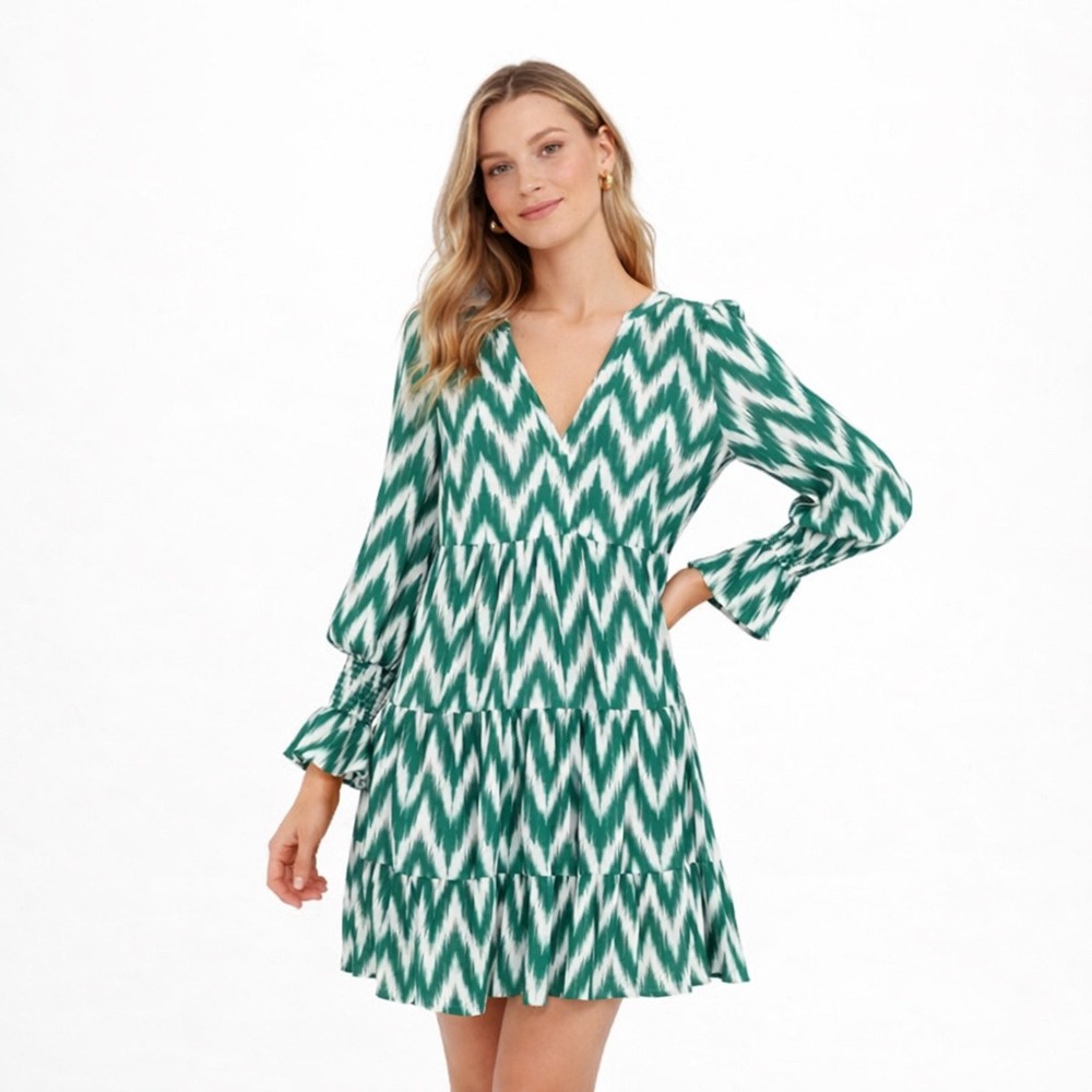Pomander Place Green Ikat Chevron Tiered Mini Dress Smocked Cuff Medium